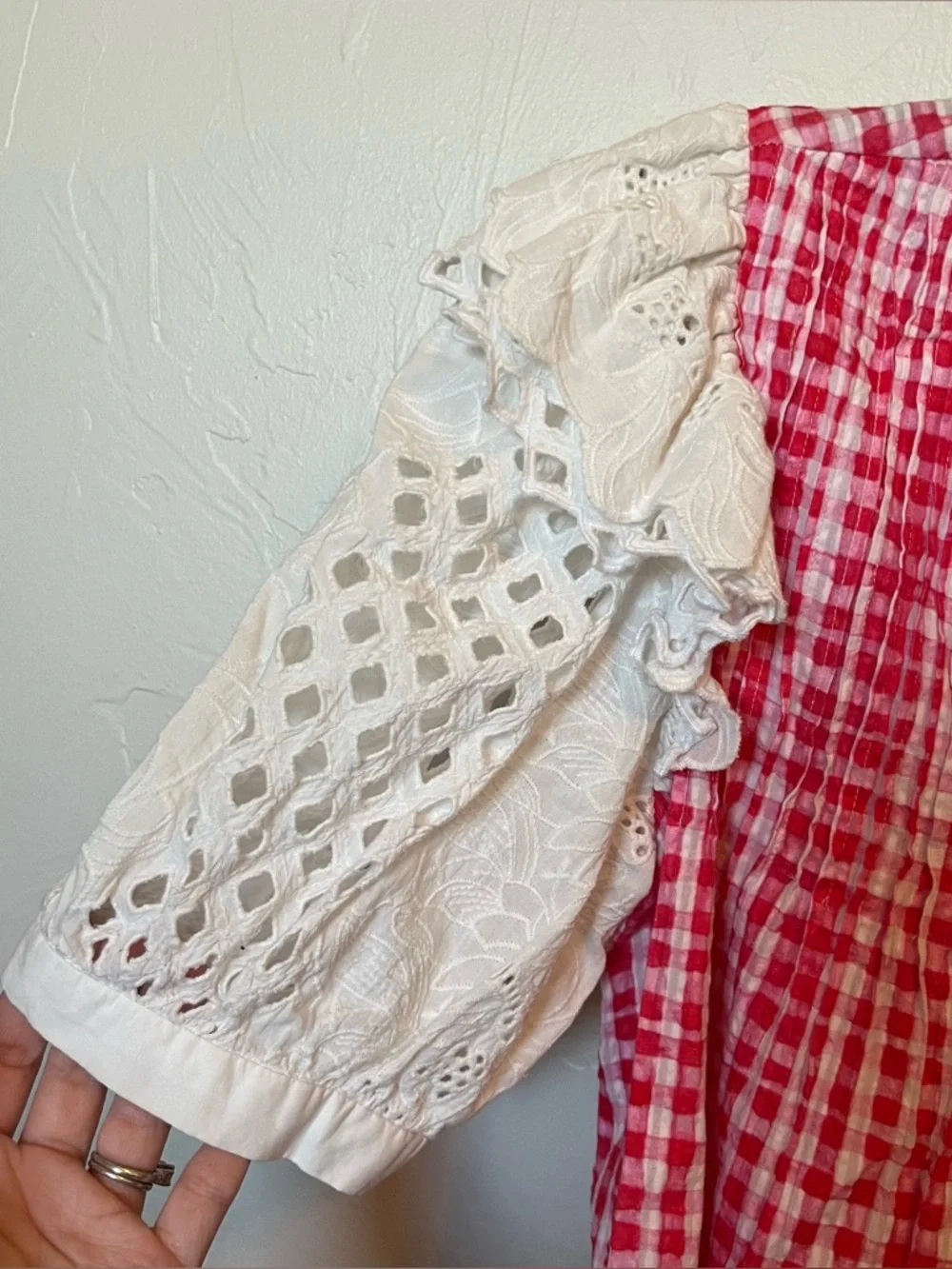ANTHROPOLOGIE Viam Red Gingham Eyelet Puff Sleeve Top Sz S Cotton Cottagecore